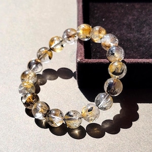 Bracelet en diamants Herkimer bicolores (8-14 mm), perles de quartz guérisseur doré naturel du Pakistan, bijoux avec inclusions noires transparentes, cadeau protecteur