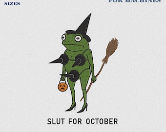 Stickmuster „Frosch für Oktober“, lustige Frosch-Stickdatei, Halloween-Frosch-Design, gruselige Meme-Frosch-Datei, lustiger Frosch zu Halloween