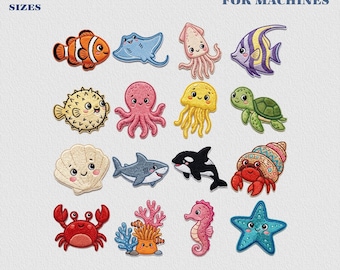Set mit 16 Stickdateien zum Thema Meerestiere, Stickdateien für die Meeresnisthilfe, Unterwassermotive, Cartoon-Dateien mit Oktopus, Tintenfisch und Schildkröte