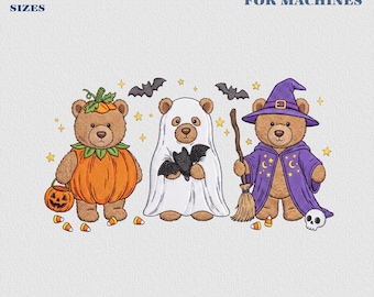 Halloween-Teddybär-Stickmuster, Halloween-Bär-Stickdatei für die Stickmaschine, Bärenhexe, Kürbis-Teddybär, Halloween-Geistbär