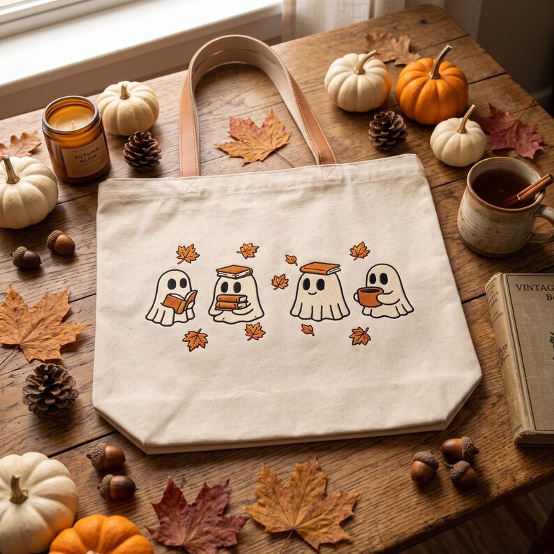 Diseño de bordado de fantasmas leyendo, lindos fantasmas leyendo libros, archivo de bordado, amante de los libros de otoño, bordado de calabaza, regalo de Halloween para amantes de los libros. imagen 4
