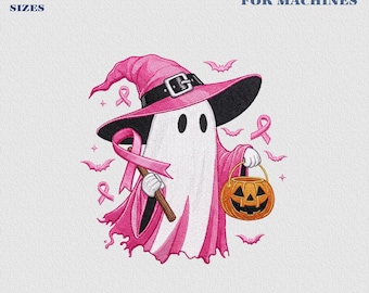 Stickmuster „Geist zur Sensibilisierung für Brustkrebs“, Halloween-Geist in Rosa, Stickdatei, rosa Schleifen-Design für Krebspatienten, Stickdatei „In Boo Sheet“