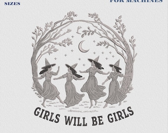 Mädchen bleiben Mädchen – Hexen-Stickmuster, lustige Hexen-Stickdatei, Halloween-Stickerei für Frauen, Hexen-Stickerei, feministische Halloween-Stickdatei