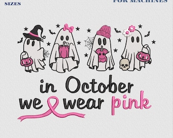 Im Oktober tragen wir Rosa – Stickmuster „Geist“, Stickdatei zur Sensibilisierung für Brustkrebs, Halloween-Geist in Rosa, Design mit rosa Schleife für Krebspatienten