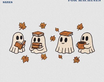 Stickmuster „Lesender Geist“, Stickdatei für niedliche lesende Geister, Herbstgeschenk für Bücherwürmer, Kürbisstickerei, Halloween-Geschenk für Bücherfreunde