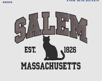 Stickmuster „Salem Massachusetts“, Hocus Pocus Halloween-Stickdatei, Gruselsaison-Datei, Hexen-Halloween, Salem-Katzendatei
