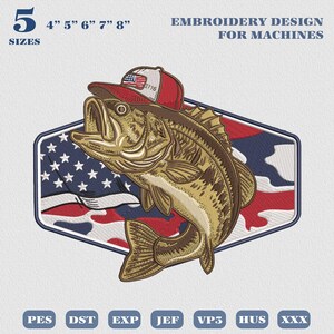 Patriotic Camo Bass Fishing Embroidery Design, 4th of July Fishing USA 250 Years Embroidery File, Largemouth Bass American Flag File
