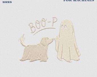 Boo-p Geisterhund-Stickdatei, Halloween-Geisterhund-Stickdatei, lustiges Geisterhund-Design, gruselige Halloween-Stickerei