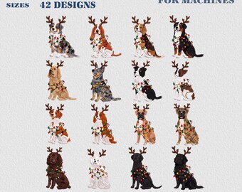 Weihnachtshund-Stickdatei-Set, Stickdatei für die Weihnachtshunderasse, Hund mit Geweih, für Tierliebhaber, Weihnachtslichterhund