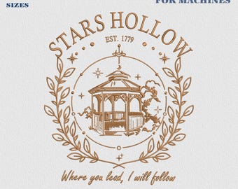 Stars Hollow Stickmuster, Wohin du führst, werde ich folgen, Stickdatei für Herbstkaffee, Buchliebhaber, Connecticut-Design, Dragonfly Inn