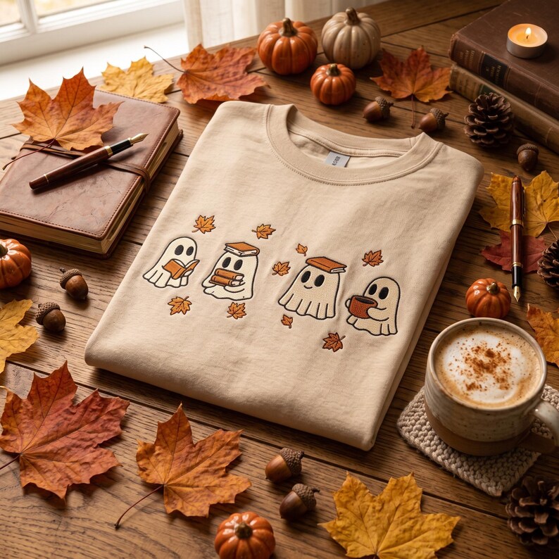 Puede incluir: Una sudadera de cuello redondo en color beige con un estampado gr&aacute;fico de cuatro fantasmas de dibujos animados rodeados de hojas de oto&ntilde;o naranjas. Los fantasmas aparecen leyendo libros, equilibrando libros sobre sus cabezas y sosteniendo una taza.