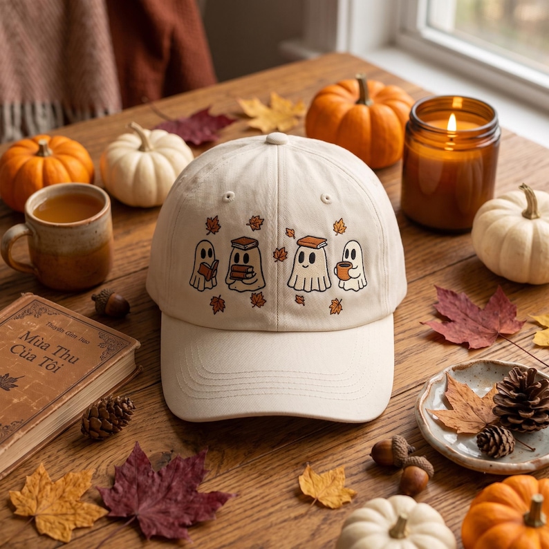 Diseño de bordado de fantasmas leyendo, lindos fantasmas leyendo libros, archivo de bordado, amante de los libros de otoño, bordado de calabaza, regalo de Halloween para amantes de los libros. imagen 3