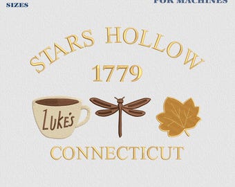 Stars Hollow Stickmuster, Wohin du führst, werde ich folgen, Stickdatei für Herbstkaffee, Buchliebhaber, Connecticut-Design, Dragonfly Inn