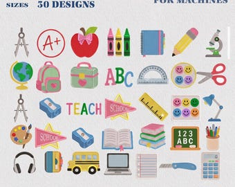 Stickmuster-Bundle mit Lehrer-Symbolen, Stickmuster für den Schulanfang, Mini-Symbole für Schulbedarf, Apple Pencil Bücher PES-Datei