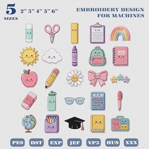 Set 25 Cute Kawaii Teacher Embroidery Designs Bundle, Kawaii Back To School Machine Embroidery Files, Bundle School Supplies Mini Icons File