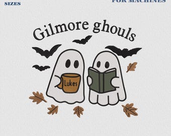 Gilmore Ghouls Halloween-Stickmuster, Wohin du führst, werde ich folgen, Stars Hollow Stickdatei, Herbstkaffee-Design, Datei für Bücherliebhaber