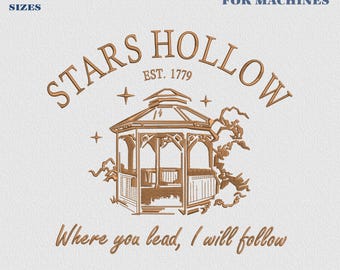 Stars Hollow Stickmuster, Wohin du führst, werde ich folgen, Stickdatei für Herbstkaffee, Buchliebhaber, Connecticut-Design, Dragonfly Inn