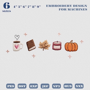 Disegno per ricamo autunnale per amanti dei libri, file di ricamo autunnale carino e spettrale, stagione autunnale accogliente, file di ricamo carino con zucca e caffè autunnale, amanti del caffè