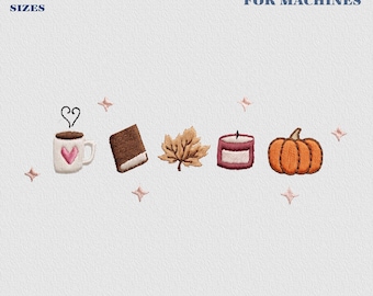 Diseño de bordado otoñal para amantes de los libros, lindo archivo de bordado otoñal de temporada espeluznante, temporada acogedora de otoño, lindo archivo de café con calabaza otoñal, amantes del café