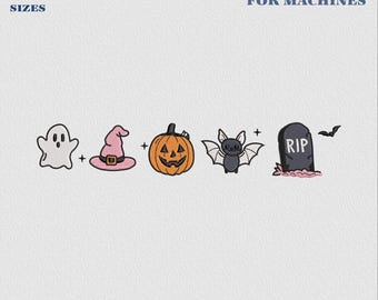 Niedliches Halloween-Stickmuster mit Symbolen, Stickdatei mit Fledermäusen und Kürbissen, Grusel-Stickerei, Geister- und Hexenmotiv