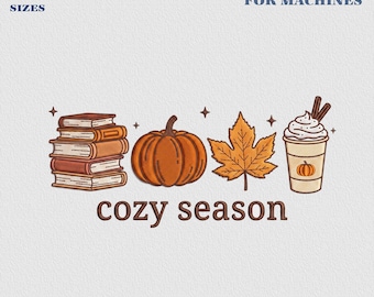 Gemütliches Herbst-Stickmuster, Herbst-Stickdatei „Tis The Season“, Kürbis-Herbstdesign, Herbst-Kürbis-Kaffee-Datei, Herbstlaub-Design