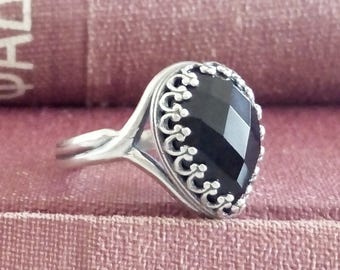 Pear Black Onyx Ring / Oxidized Sterling Silver / Faceted Black Onyx Solitaire Ring / Gemstone Ring / Black Onyx Jewelry / Gothic Ring