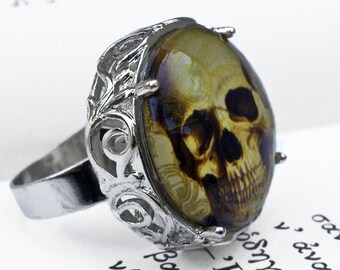 Gothic Ring, Skull Ring, Macabre Ring, Creepy Ring, Gothic Jewelry, Macabre Jewelry, Halloween Ring, Cameo Ring,Rocker Ring,Glass Photo Ring