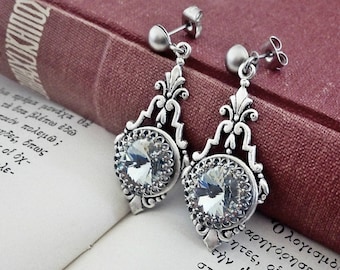 Antique Silver Crystal Earrings, Art Deco Earrings Wedding Earrings, Bridal Earrings, Clear Crystal Earrings, Drop Wedding Earrings