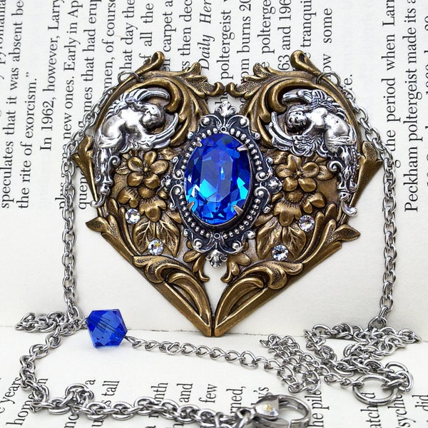 Blue Gothic Necklace, Sapphire Crystal Necklace, Antique Brass, Blue Heart Necklace, Gothic Gift, Gothic Jewelry, Vintage Style Jewelry