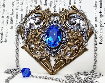 Blue Gothic Necklace, Sapphire Crystal Necklace, Antique Brass, Blue Heart Necklace, Gothic Gift, Gothic Jewelry, Vintage Style Jewelry