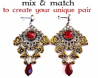 Red Gothic Earrings Crystal Red Drop Earrings Post Earrings Dangling Earrings Filigree Earrings Victorian Gothic Jewelry