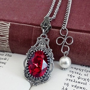 Gothic Necklace, Red Crystal Necklace, Vintage Style Necklace, Goth Necklace, Aged Silver Renaissance Victorian Bridal Necklace