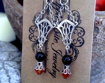 Gothic Black Pearl Earrings Crystal Earrings Fire Opal Dangle Earrings Gothic Jewelry Edwardian Jewelry