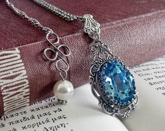 Aquamarine Birthstone Necklace, Blue crystal Necklace, Antique Silver Necklace, Filigree Necklace, Crystal Jewelry, March Birthstone Jewelry