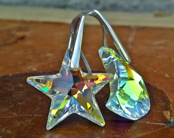 Mismatched Star Moon Earrings, Crystal Earrings, Moon Jewelry, Crescent Moon Star Earrings, Sterling Silver Celestial Jewelry
