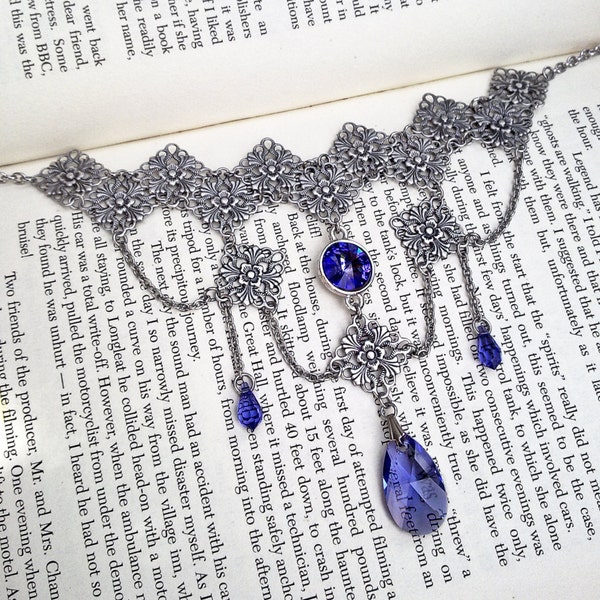 Gothic Choker | Gothic Necklace | Gothic Jewelry | Tanzanite Purple Crystal Necklace | Silver Filigree Necklace | Crystal Drop Necklace