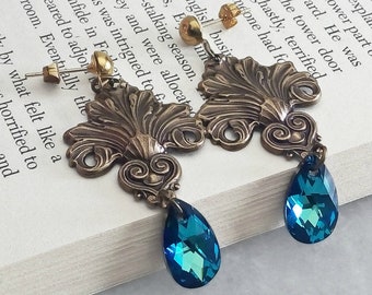 Fleur De Lys Earrings, Blue Crystal Earrings, Gothic Earrings, Tudor, Fleur De Lis, Aged Brass, Renaissance Jewelry, Gothic Jewelry