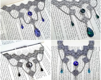 Metallic Choker Necklace Gothic Necklace Crystal Statement Necklace Gothic Jewelry Bib Necklace Crystal Draping Chains and Silver Filigree