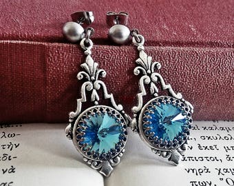Aquamarine Birthstone Earrings, Light Blue Crystal earrings, Art Deco Earrings, Blue Dangle Earrings, March Birthstone, Victorian Earrings