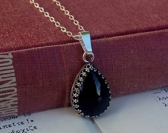 Large Black Onyx Necklace Black Stone Necklace Sterling Silver Necklace Onyx Jewelry Black Gemstone Necklace Filigree Necklace GothicJewelry