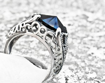 Gothic Ring Black Crystal Ring Sterling Silver Unisex Ring Gothic Engagement Ring Adjustable Ring Gothic Jewelry