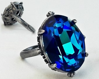 Blue Gothic Ring Gift for Women Swarovski Ring Blue Crystal Ring Blue Stone Ring Adjustable Solitaire Ring Gift For Her Blue Cocktail Ring