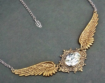 Gold Wings Necklace Gothic Necklace Angel Wings Jewelry Gothic Jewelry Swarovski Crystal Necklace Gothic Fashion Winged Necklace GiftForHer