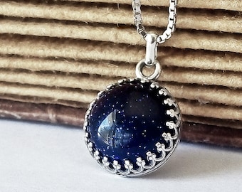 Blue Goldstone Necklace, Constellation Necklace, Sterling Silver Necklace, Night Sky Necklace, Galaxy Necklace Space, Gemstone Necklace