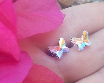 Sterling Silver Butterfly Earrings, Crystal Butterfly Studs, Rainbow Crystal Stud Earrings, Cute Animal Stud Earrings, Small Studs