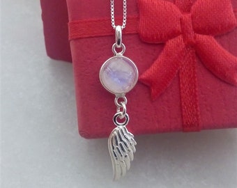 Moonstone Pendant Necklace, Wiccan Jewelry, Sterling Silver Wing Necklace, Angel Wings, Witchy Jewelry, Moonstone Jewelry, Gift For Her