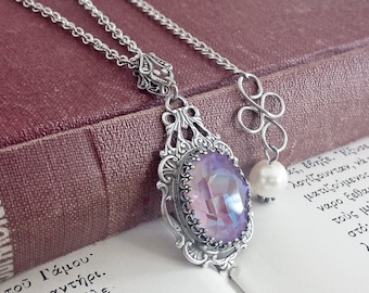 Lavender Pendant Purple Pink Crystal Necklace Victorian Crystal Silver Pendant Necklace Victorian Gothic Jewelry Romantic Gift for Her