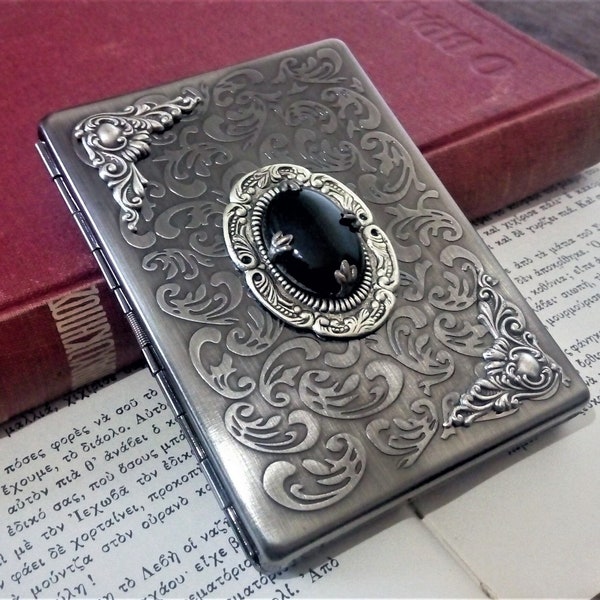 Gothic Cigarette Case with Black Onyx, Silver Etched Cigarette Case, Victorian Cigarette Case, Ornate Cigarette Case, Unisex Cigarette Case