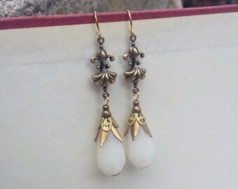 White Victorian Earrings, White Jade Teardrop Earrings, Antique Brass Vintage Style Jewelry, Renaissance Jewelry, Gold Filigree Earrings