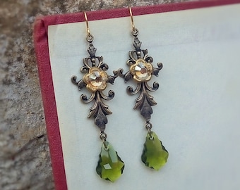 Victorian Drop Earrings Olivine Crystal Earrings Aged Brass Baroque Earrings Renaissance Jewelry Gold Earrings Olivine Jewelry